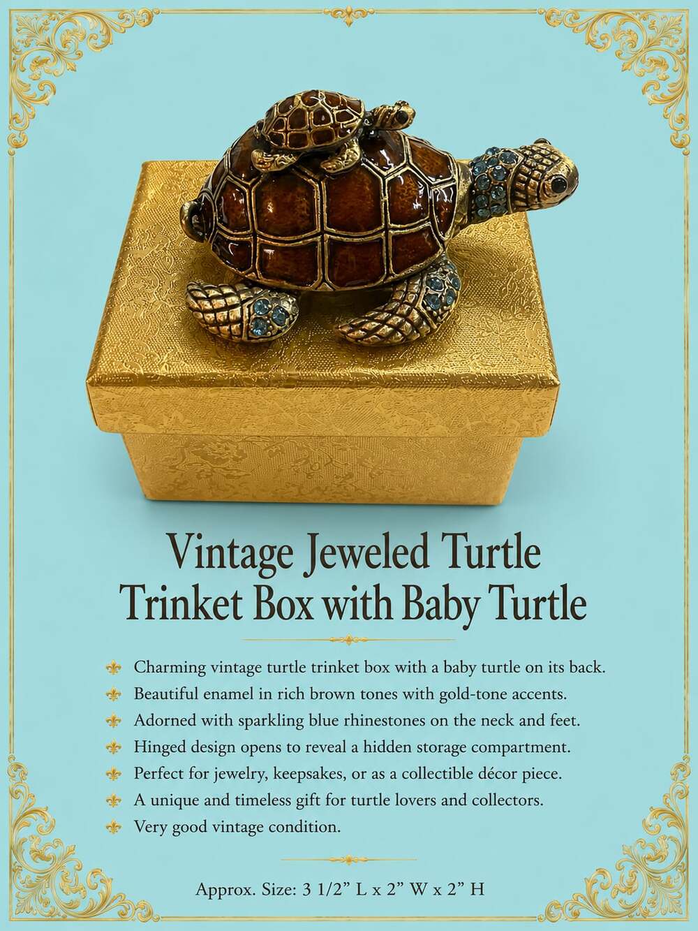 Vintage Enamel Jeweled Turtle Trinket Box with Baby Turtle